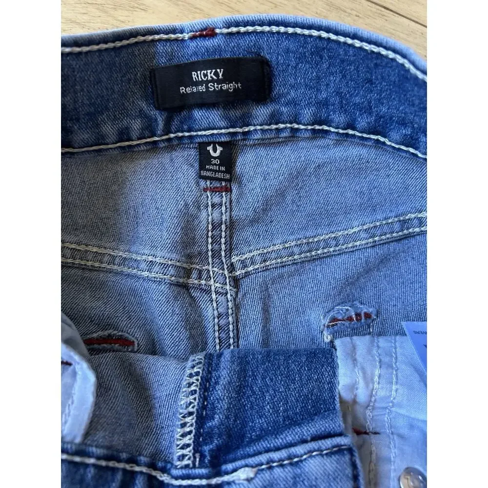 Y2K True Religion Men's Jeans 30x32 Ricky Relaxed Faded Distress BROWN Stitching